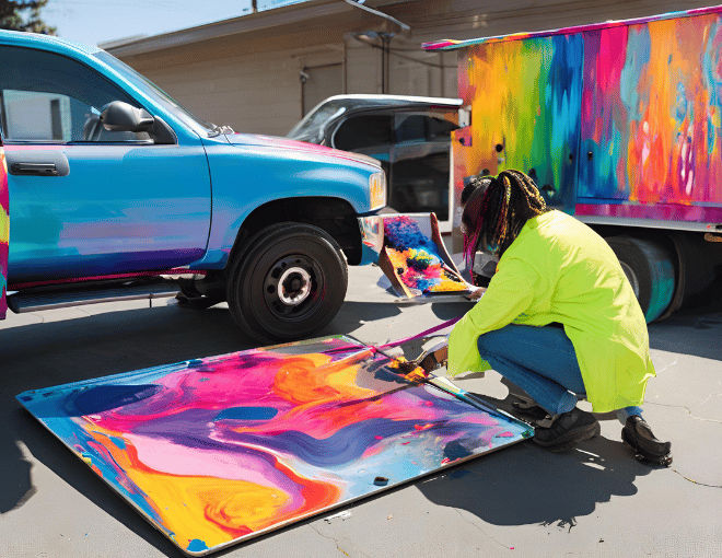 A paint artist transforms a tow truck into a vibrant, rolling artwork, showcasing dynamic colors and creativity.