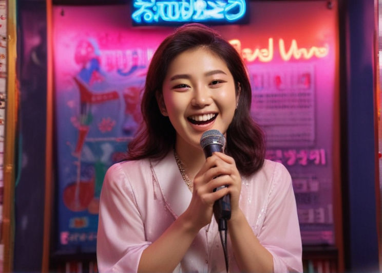A Korean woman sings confidently in a vibrant Gangnam karaoke room, surrounded by colorful artwork and neon lights.