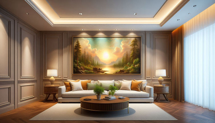 A living room with a painting at the center of a wall. Recessed lighting in the ceiling illuminates the said work of art.