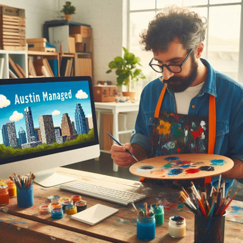 Artist painting in an Austin studio while browsing a laptop for Austin managed hosting providers.