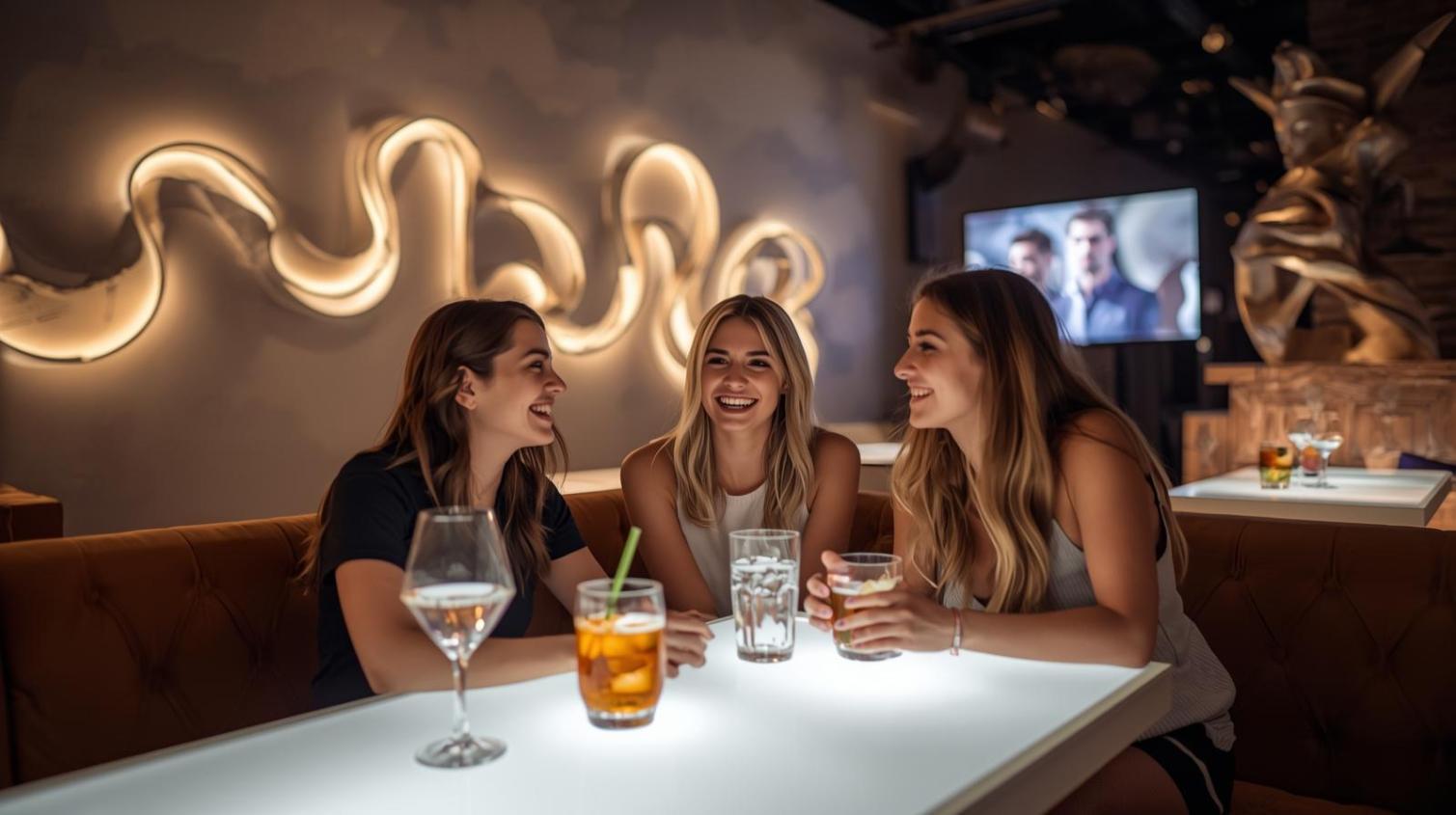 Three friends smiling in lounge with abstract art lighting and sculptural décor.